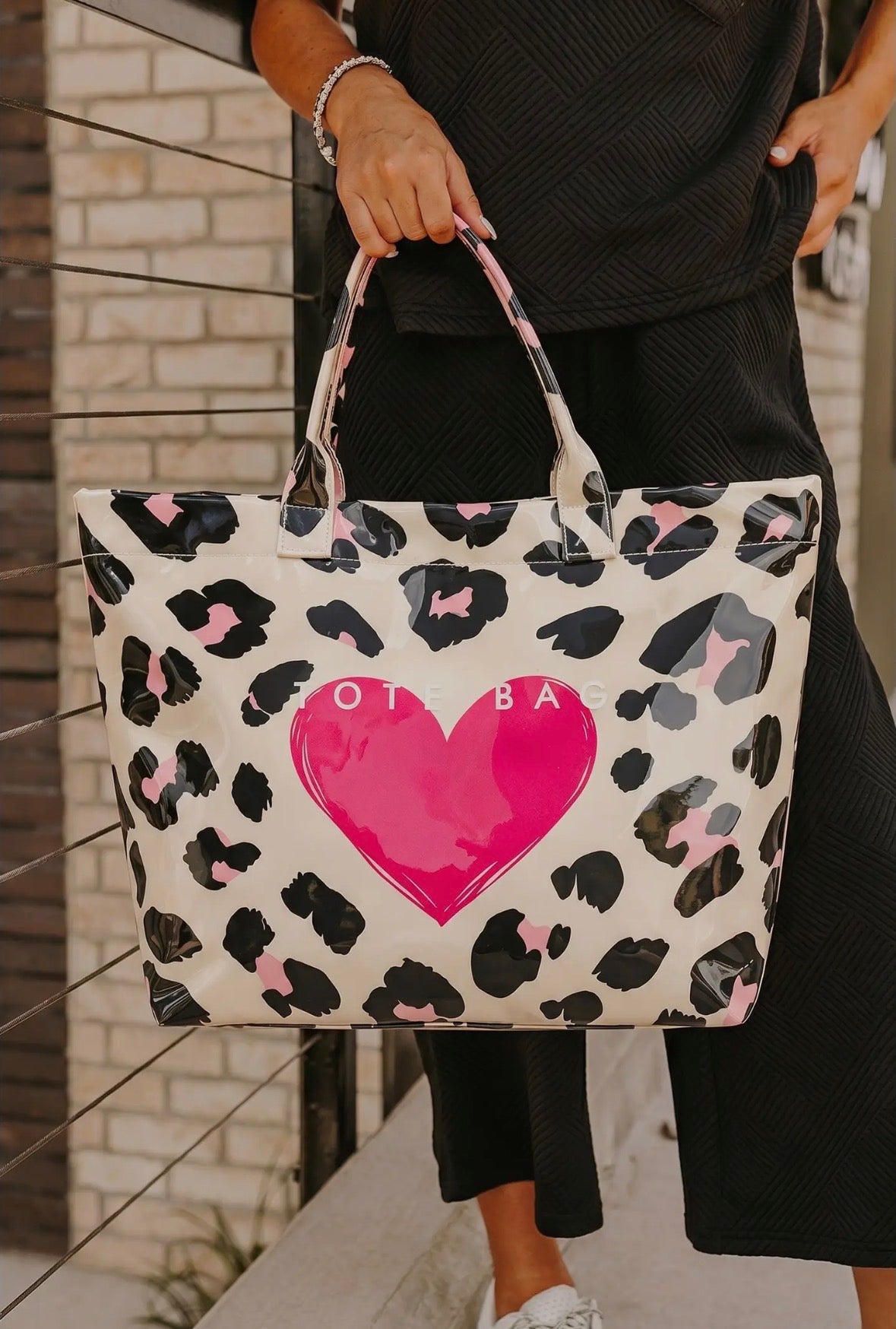 PRE-ORDER Heart Leopard Print PVC Tote Bag
