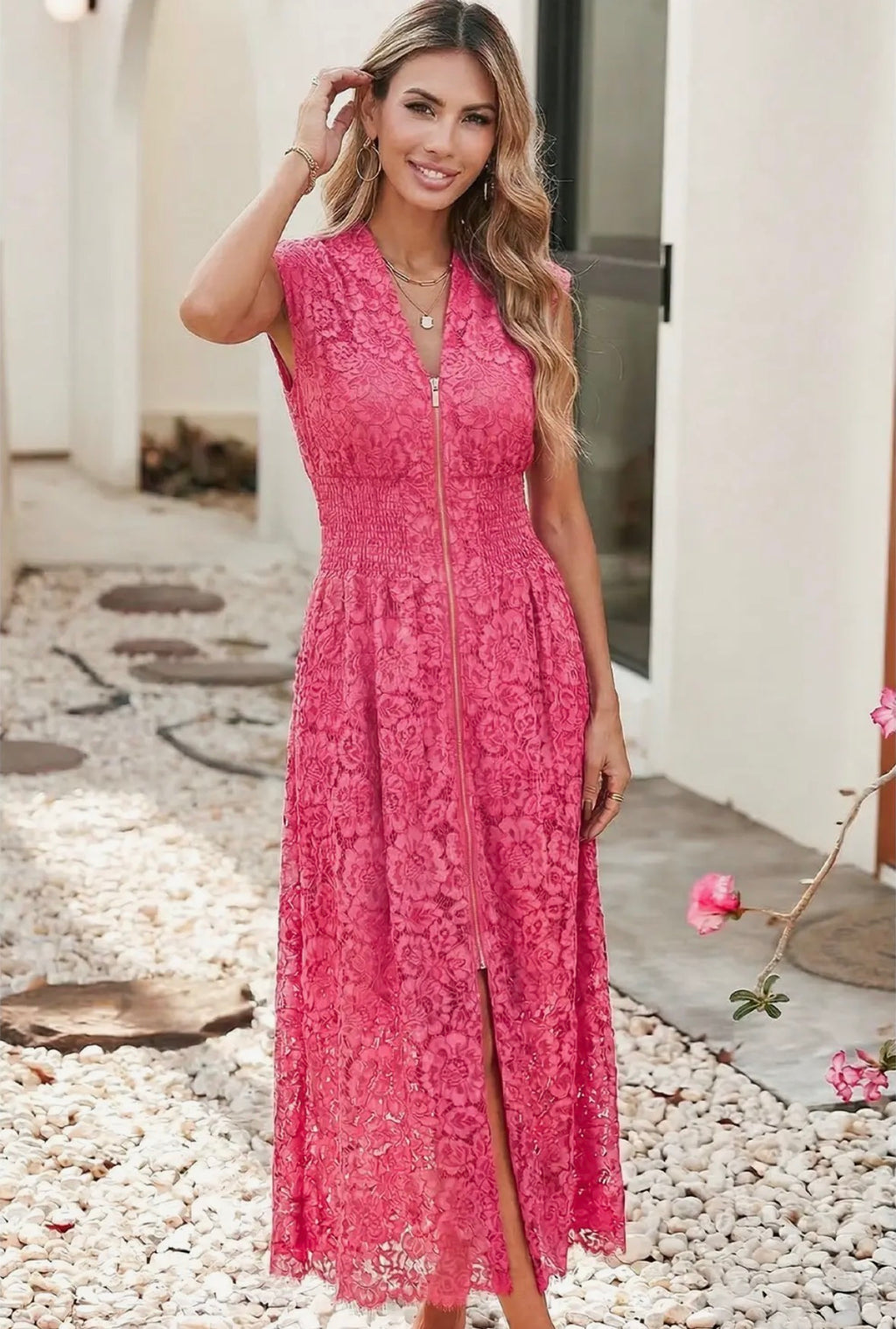 PRE-ORDER Lace Overlay Zip Up Dress