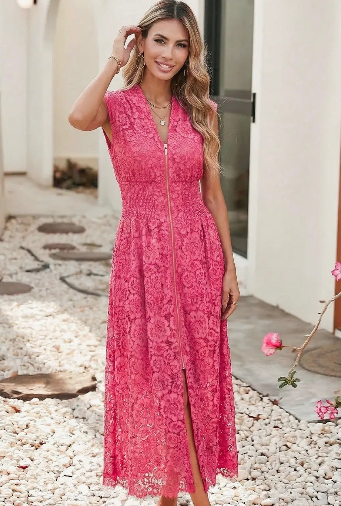 PRE-ORDER Lace Overlay Zip Up Dress
