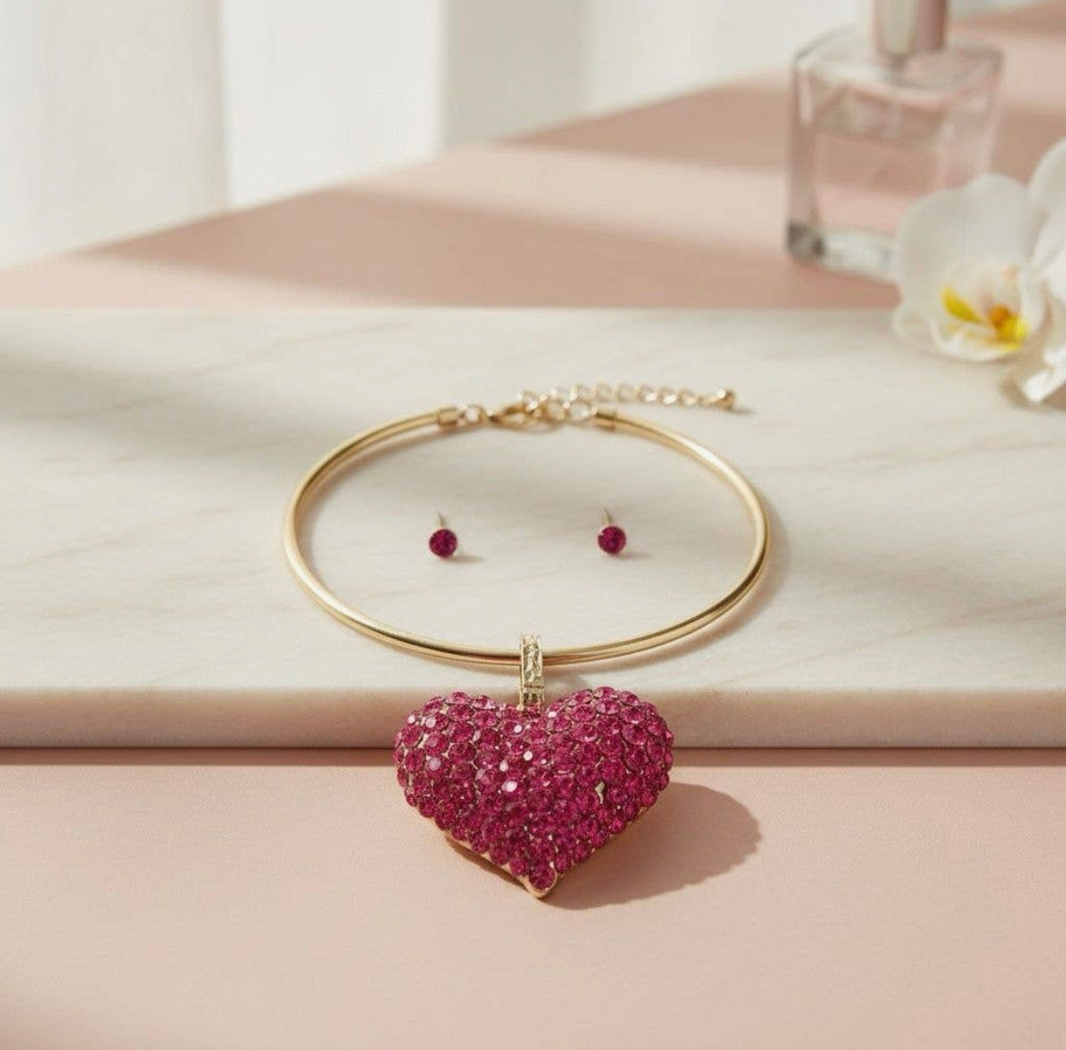 Fuchsia Stone Heart Necklace Set