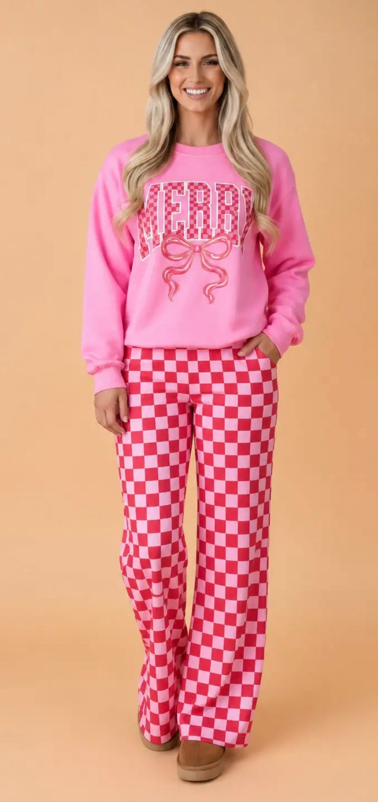 PRE-ORDER Merry Bow Top And Checkered Pant Set